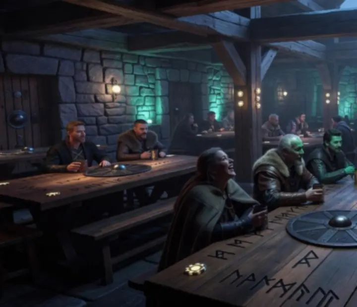 Hangulatos, viking stílusú éttermi belső tér, gyertyafényes asztalokkal és társasági est hangulattal.