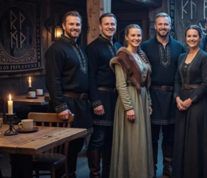 Mosolygó vendéglátó csapat fotója elegáns, viking hangulatú éttermi háttérrel.