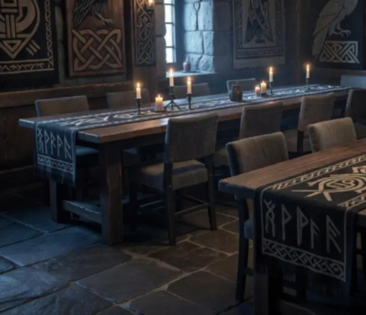 Viking stílusú éttermi részlet, sötét tónusú asztalokkal és székekkel