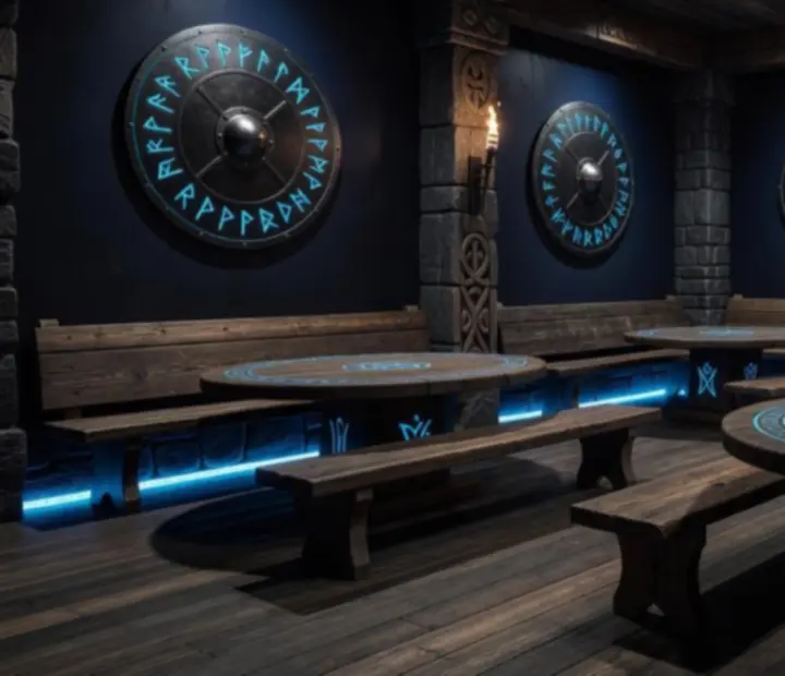 Viking stílusú, félhomályos budapesti étterem belső tér, kő és fa részletekkel.